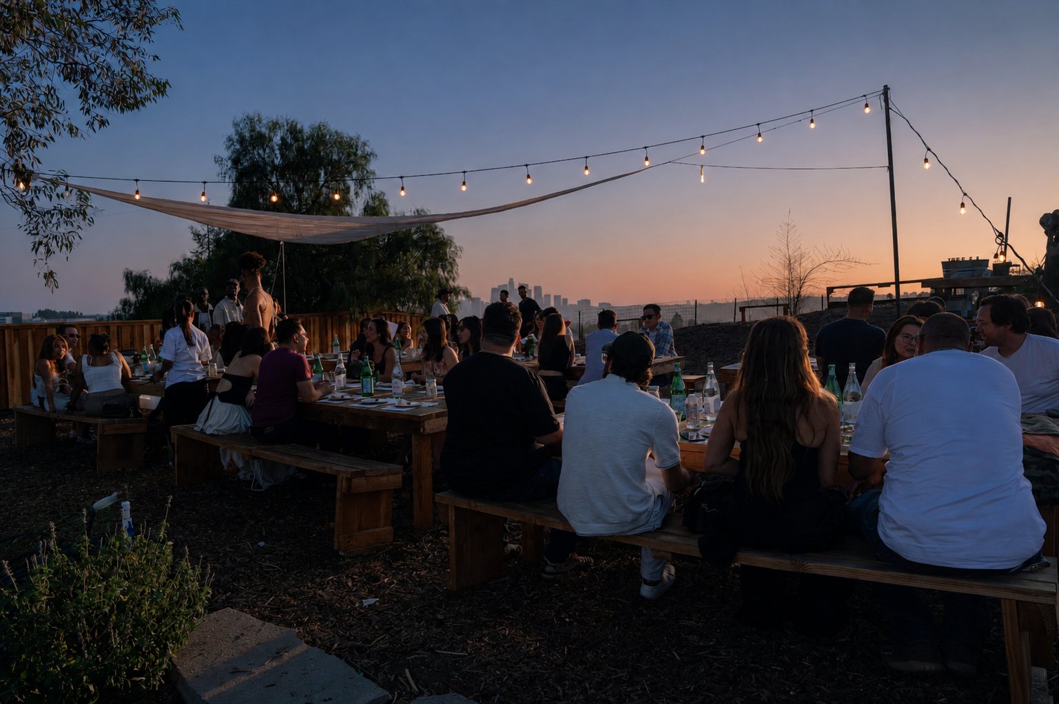Guests gathered under string lights at a Rosalynn Summer Series dinner at sunset