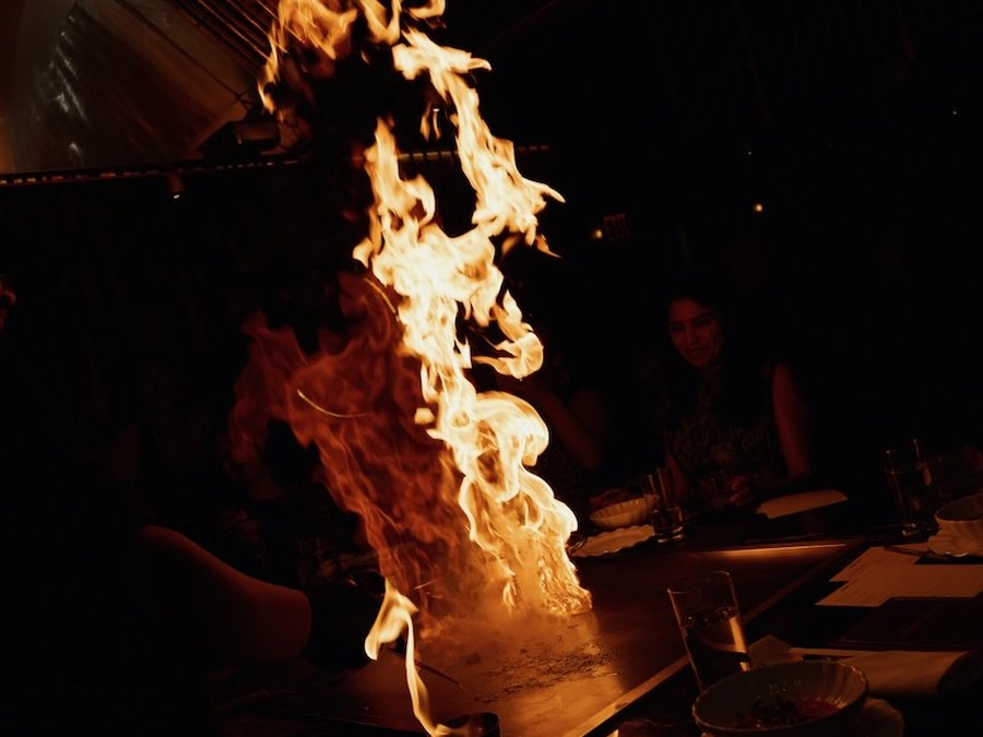 Live fire rising from the counter during HOT PLATE: Chef Showdown