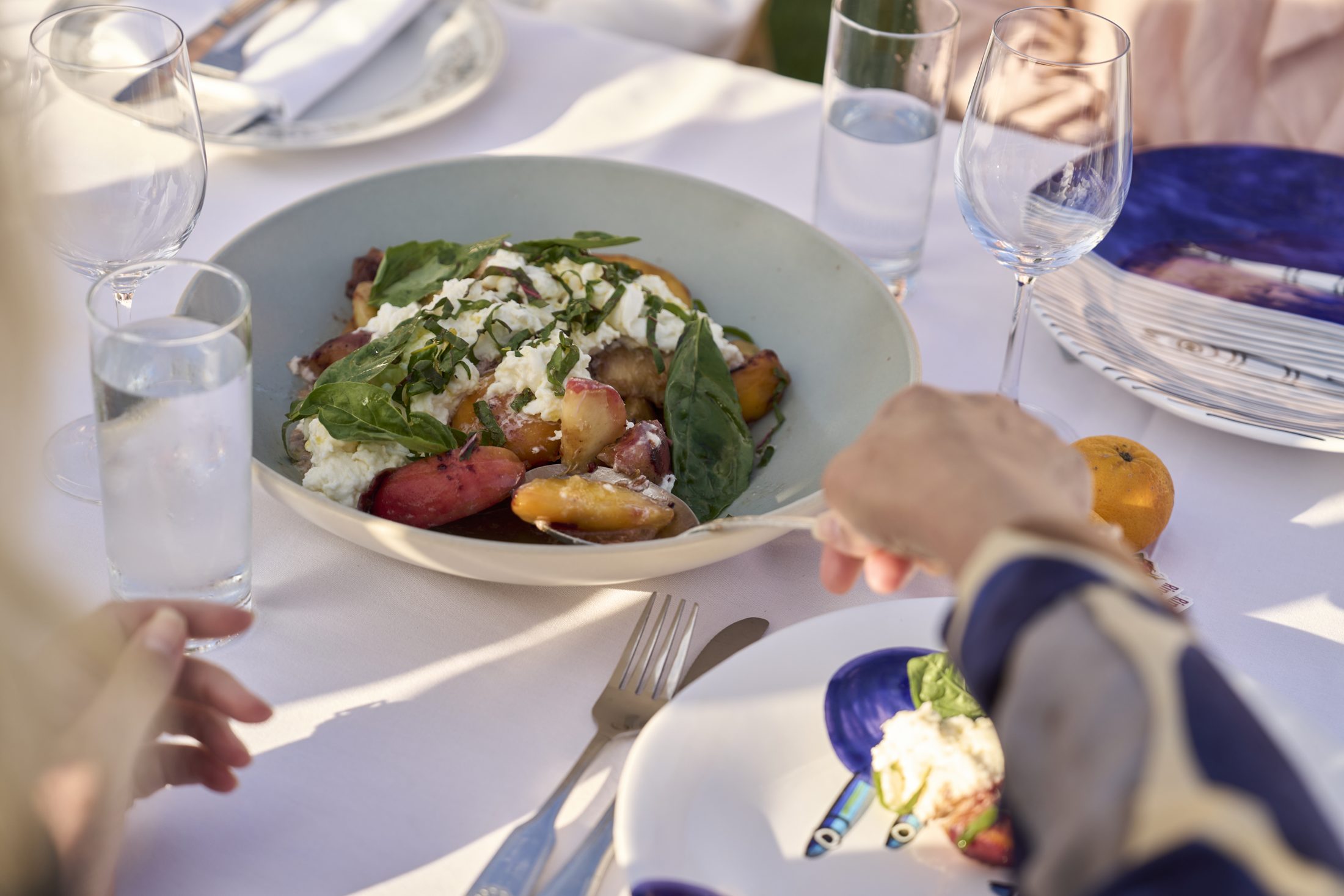 A plated course at a long-table farm dinner