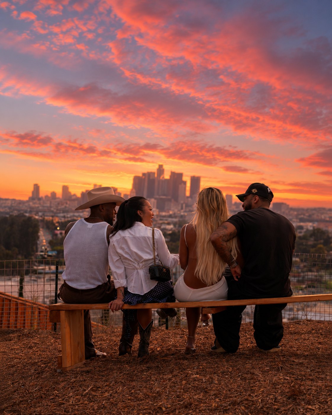 Guests watching the sun set over the downtown Los Angeles skyline from the hill