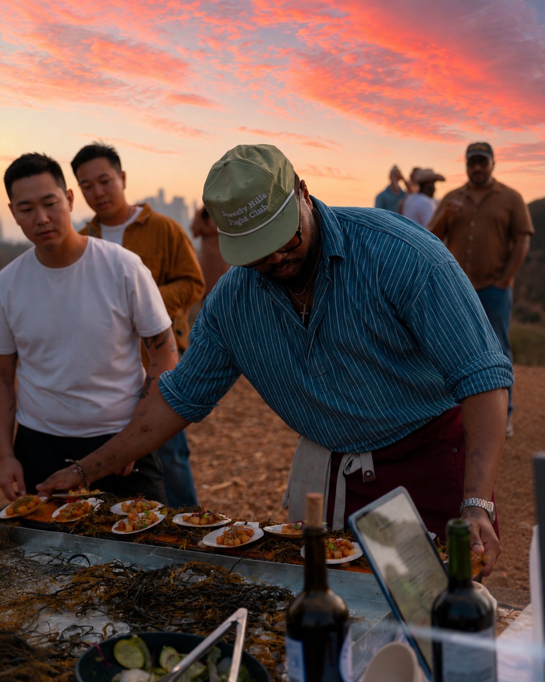 Chef serving oysters at the raw bar as the sun sets over the hill