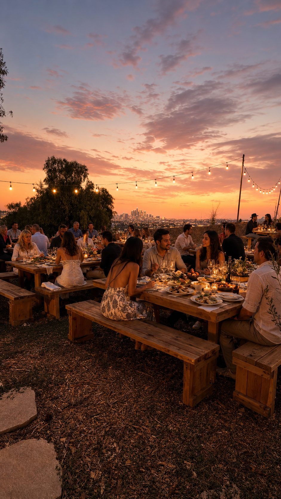 Sunset long-table dinner at Hidden Farm LA overlooking the city